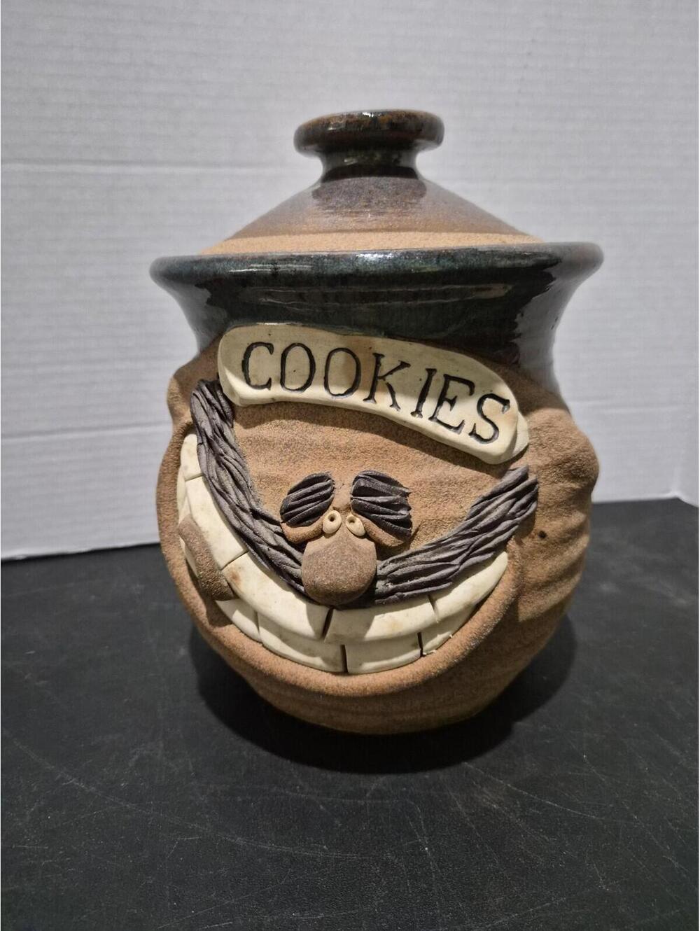 Rare Retro 3D Mustached Silly Face Grin Stoneware Pottery Cookie Jar 10”